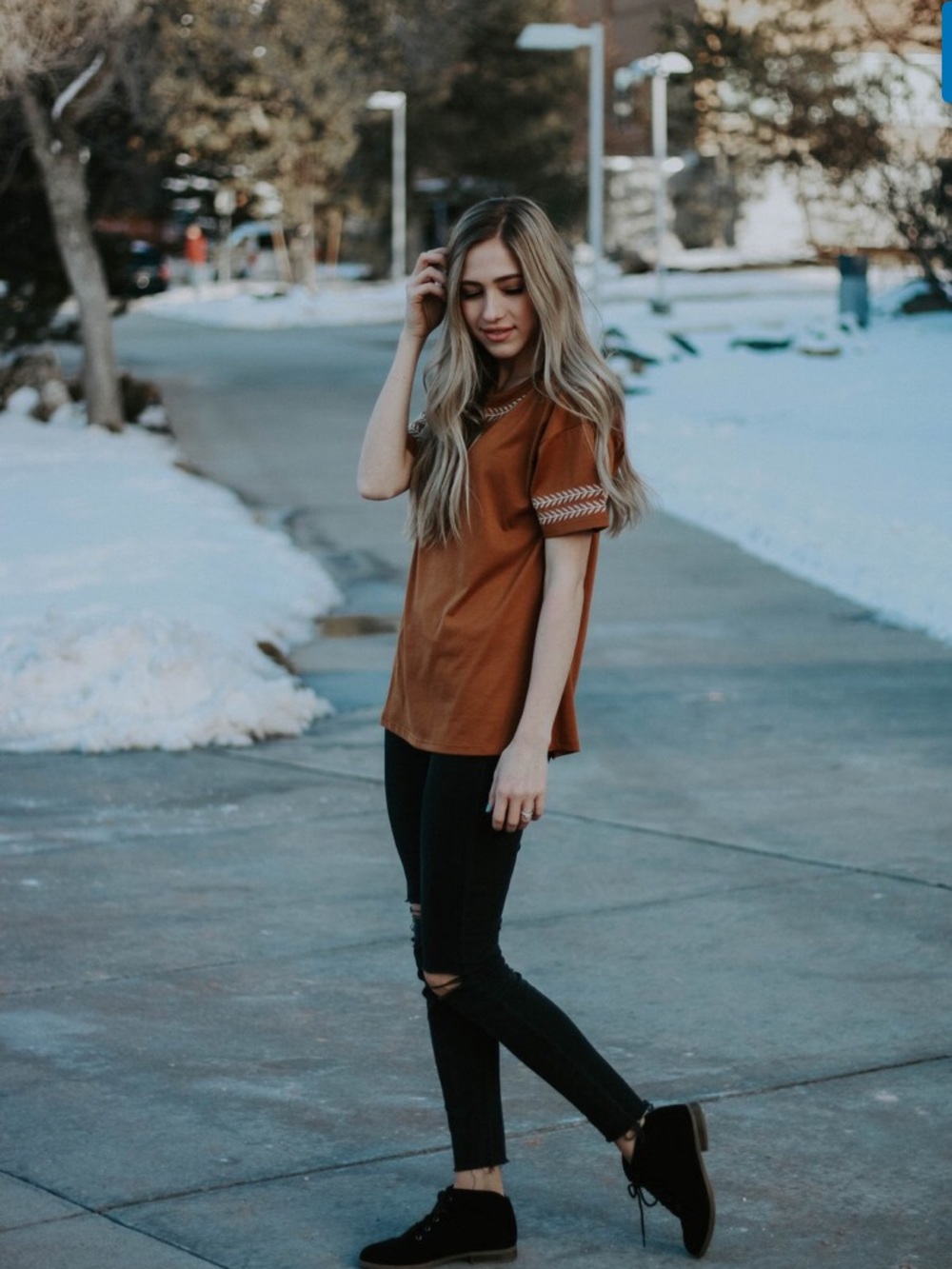 Women's Short-Sleeve Embroidered Top in Rust Brown